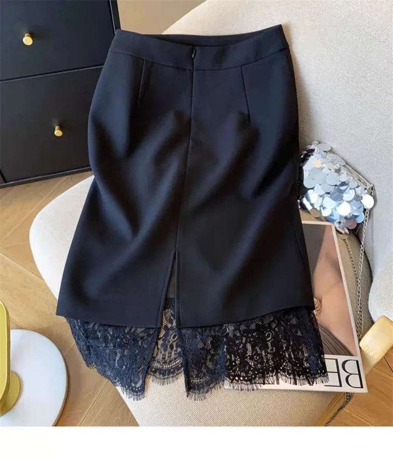 Autumn New Sexy Women's Slim Temperament Bag Hip Skirt Elegant Lace Patchwork Office Lady Midi Skirt Fashion Split Jupe 432P
