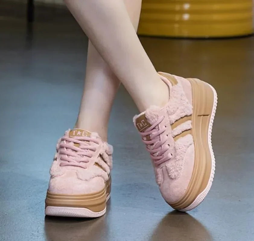 6CM Pink Natural Genuine Leather Fashion Breathable Casual Women's Shoes Platform Warm Plush Winter Autumn Comfy Ankle Booties