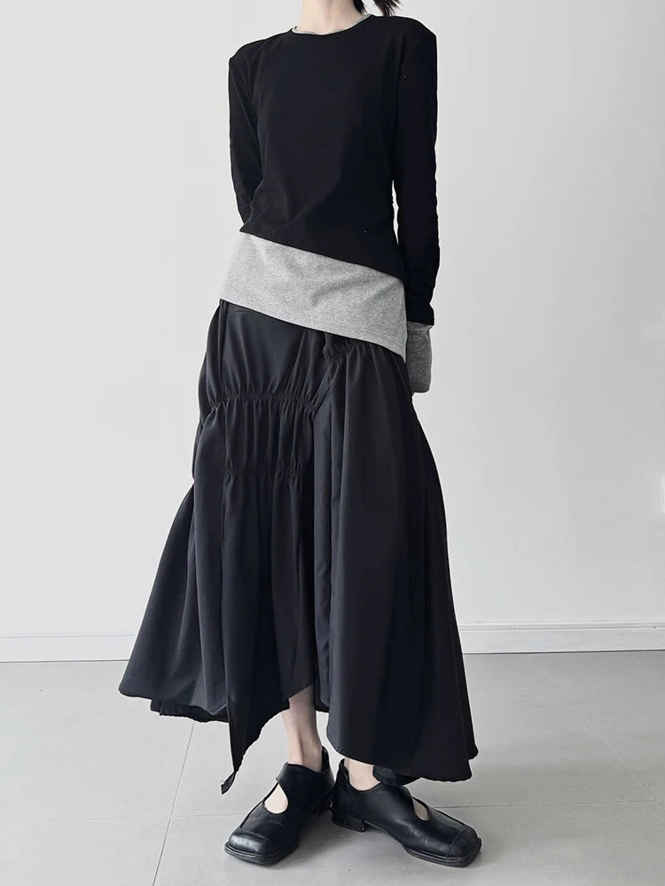 [EAM] High Elastic Waist Black Irregular Pleated Midi Elegant Half-body Skirt Women Fashion Tide New Spring Autumn 2025 1DJ0400
