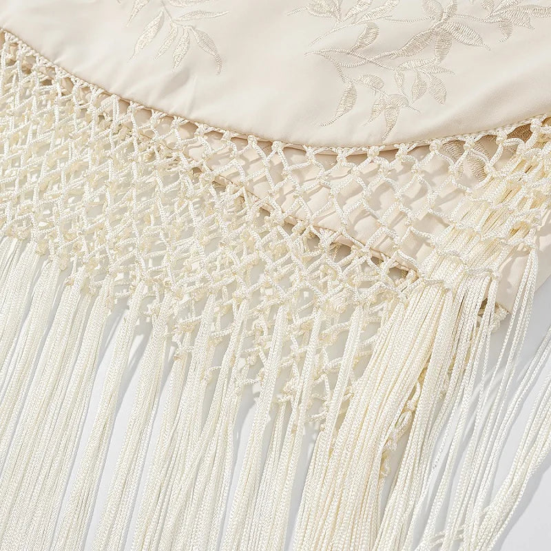 MUJER Embroidery Lace Long Skirt Woman High Waist Midi Skirts for Women Summer Beach Skirt Woman Tassel Women's Skirts Cylinder