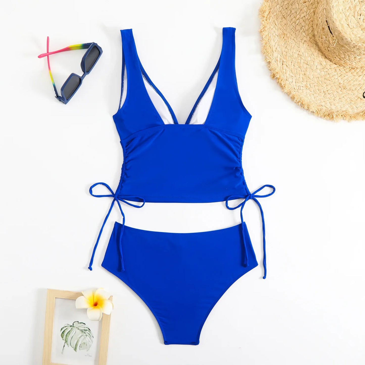 Fashionable Pure Color Nylon Fabric Bikini Set Sexy Two-Piece Swimsuit Drawstring Design Separate Top And Bottom for Women