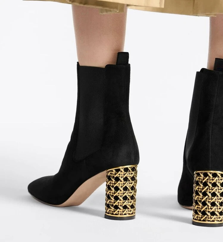 New Black Suede Personalized Hollow Out Heel Short Boots Autumn Winter Fashion Commuting Shopping Women's Ankle Boots Size 34-43