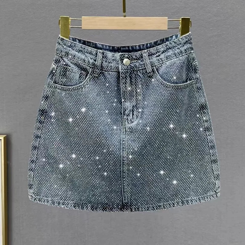 2025 New Summer A-line Denim Skirts For Women Fashion Hot drilling Casual Jeans Skirt Femme w1146