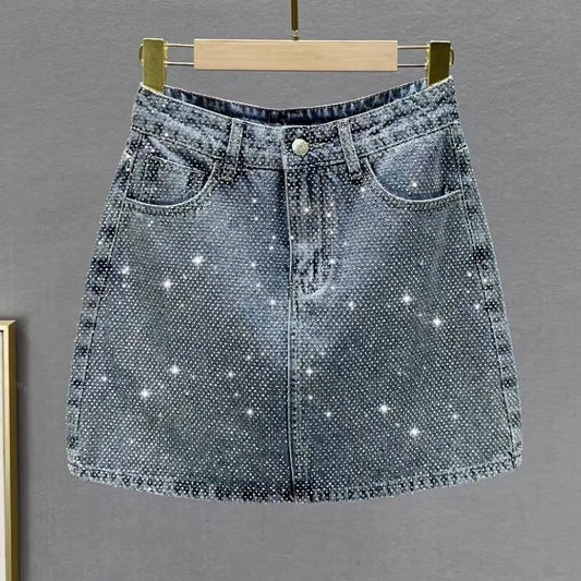 2025 New Summer A-line Denim Skirts For Women Fashion Hot drilling Casual Jeans Skirt Femme w1146