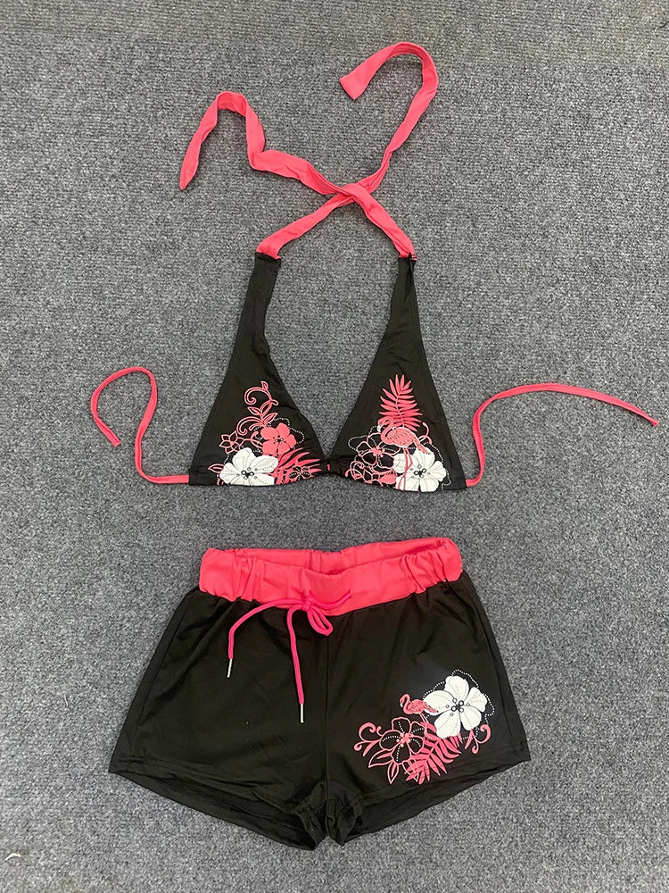 Summer Y2K Aesthetic Vintage Contrast Flower Print Suspender Bra Shorts Set Beach Fashion Hot Sexy Ladies Split Two Piece Bikini