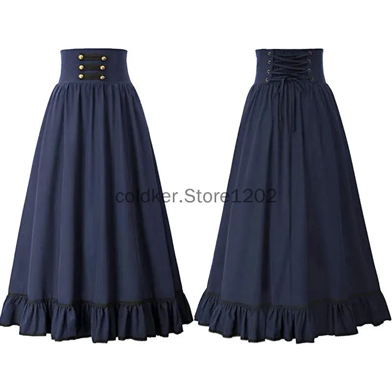 Women Maxi Skirt Medieval Intage Summer High Waist A Line Victorian Long Skirt Steampunk Gothic Ruffled Hem Pleated Party Skirts