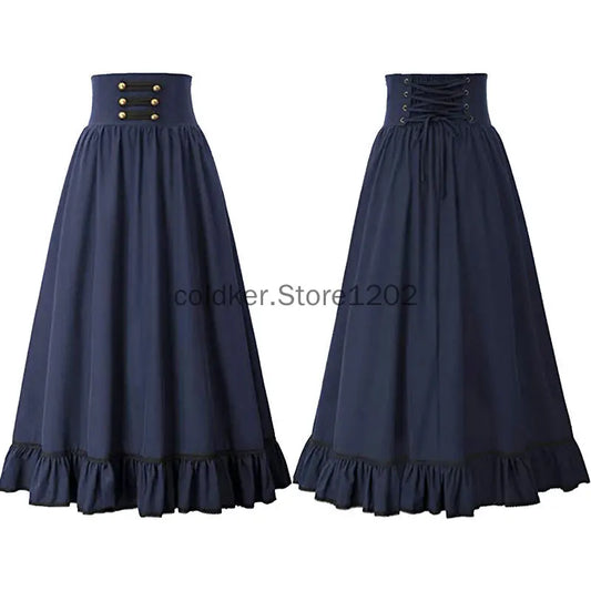 Women Maxi Skirt Medieval Intage Summer High Waist A Line Victorian Long Skirt Steampunk Gothic Ruffled Hem Pleated Party Skirts