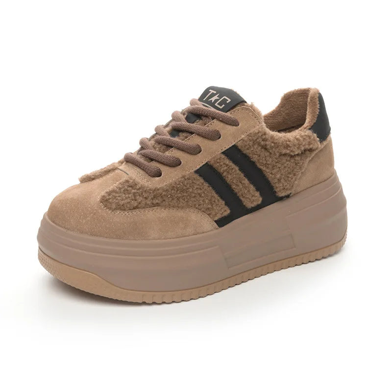 6CM Pink Natural Genuine Leather Fashion Breathable Casual Women's Shoes Platform Warm Plush Winter Autumn Comfy Ankle Booties