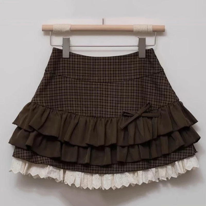 Japanese Sweet Lolita Mini knitting Skirts Women Y2K Harajuku Lace Patchwork Bow Cake Skirt High Waist Fashion A Line Skirts