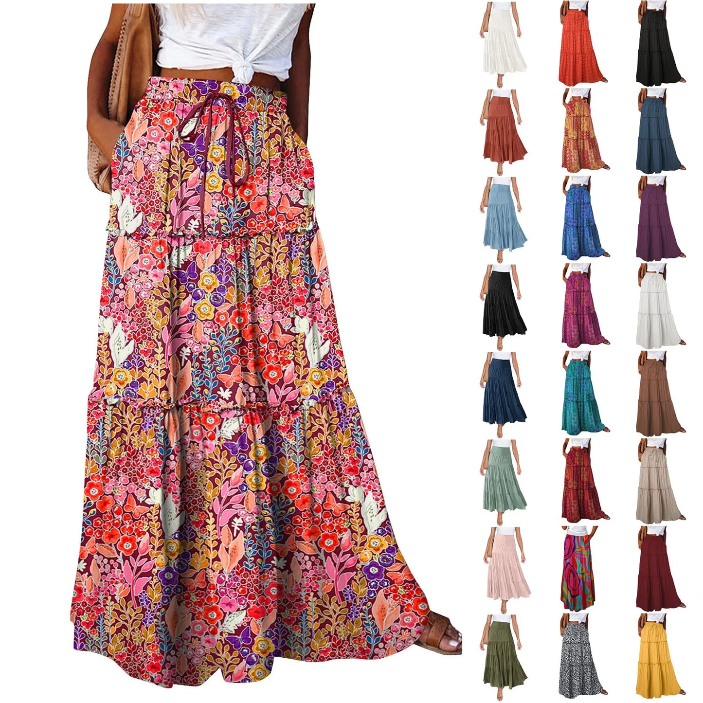 Women long skirt Fashion Solid Color Long Skirts Elastic Waist faldas Loose Casual High Waist saia Versatile Half-Body Dress