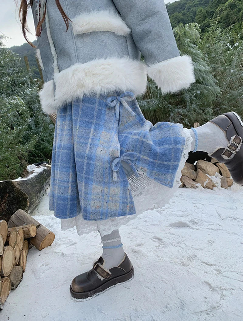 MEXZT Vintage Plaid Woolen Midi Skirt Women Japanese Kawaii Bow Lace Patchwork Skirts Winter Harajuku Cute Casual A Line Faldas