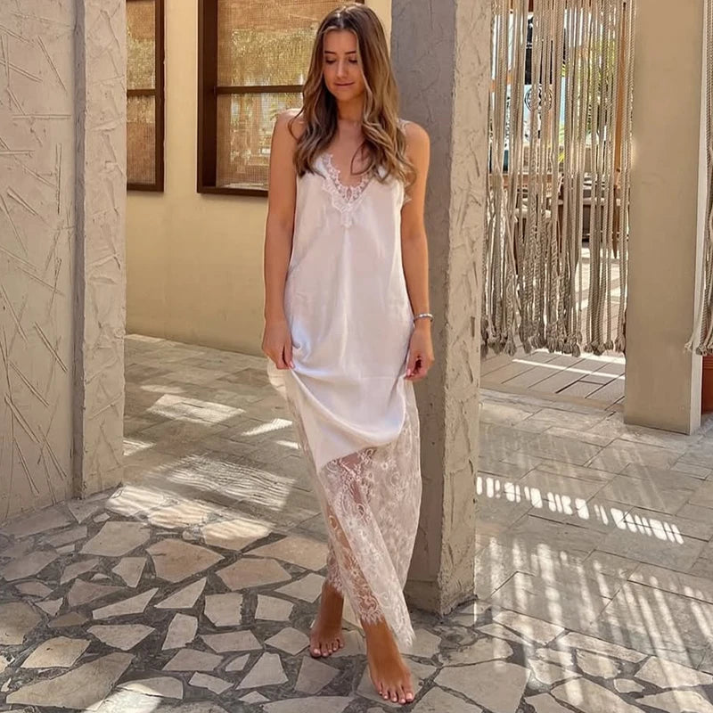 Tornova Sexy Spaghetti Strap Lace Dress For Women Fashion Splice Elegant Backless Long Dress Slim Vacation Party Female Clothes