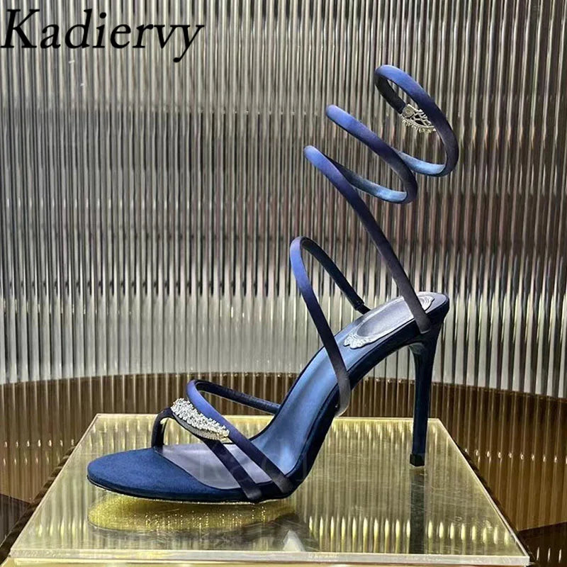 Summer High Heels Sandals Woman Butterfly-knot Rhinestone Snake Twine Around Ankle Strap Wedding Shoes Thin Heels Sandals Women