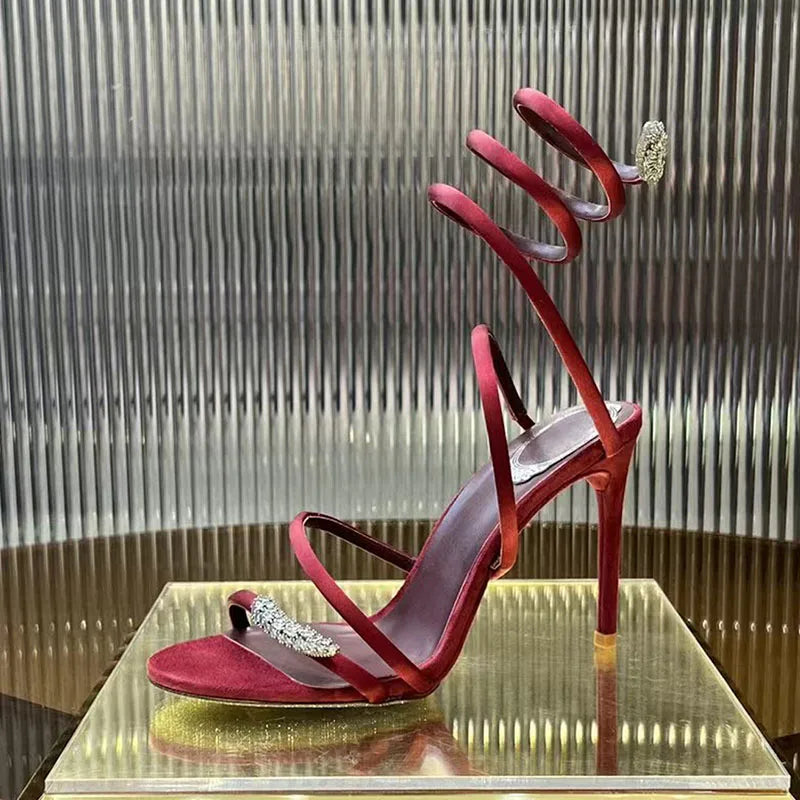 Summer High Heels Sandals Woman Butterfly-knot Rhinestone Snake Twine Around Ankle Strap Wedding Shoes Thin Heels Sandals Women