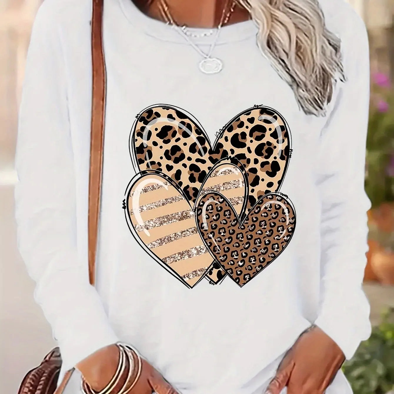 Women's Spring and Autumn 100% pure cotton fashionable casual loose heart-shaped pattern printed round neck long sleeved T-shirt