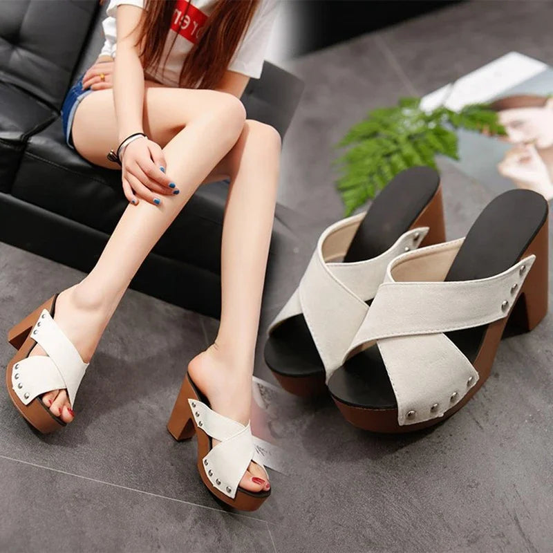 Women Sandals 2024 Summer New Square Platform Flock Casual Rivet Pumps Female Peep Toe Elegant High Heels Shoes Zapatos De Mujer