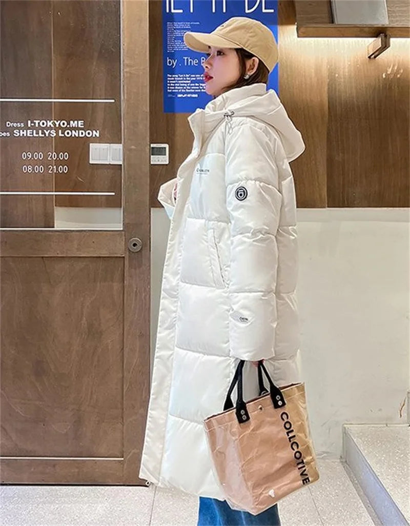 2025 Solid Long Down Parka Women with  Hood  Cotton Padded Jacket Winter Overcoat Fashion Thicken Warm Puffer Coat Female