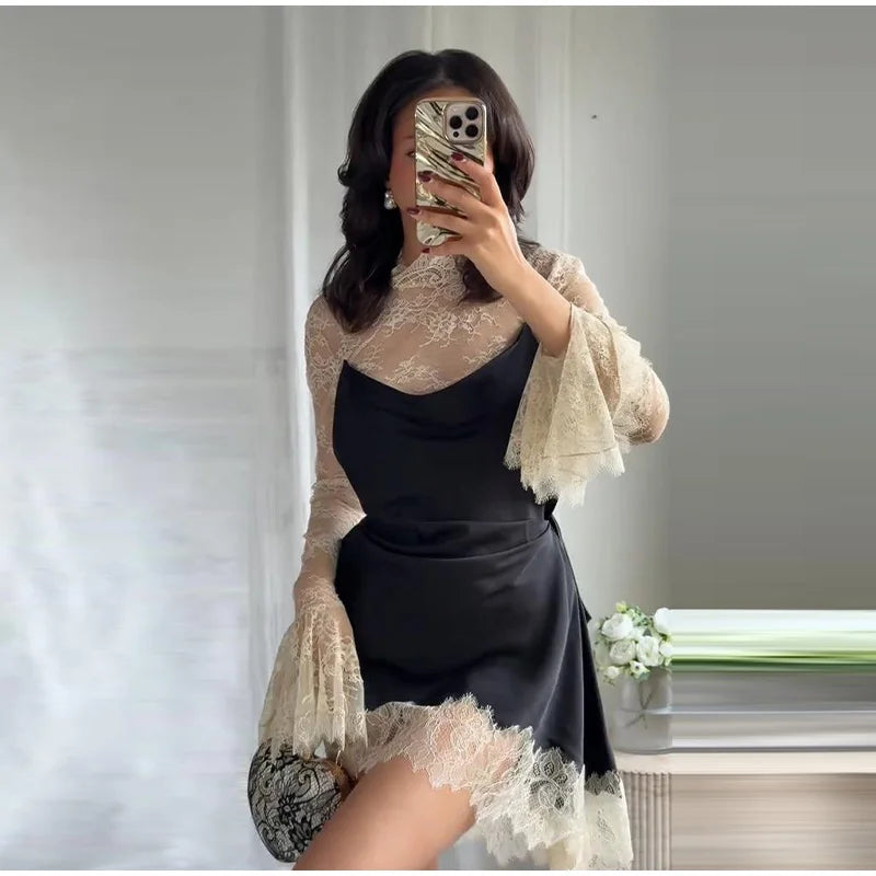 Elegant Lace Patchwork Satin Mini Dress Women High Collar Flare Sleeve See Through Party Dresses 2025 Autumn Lady Evening Robes