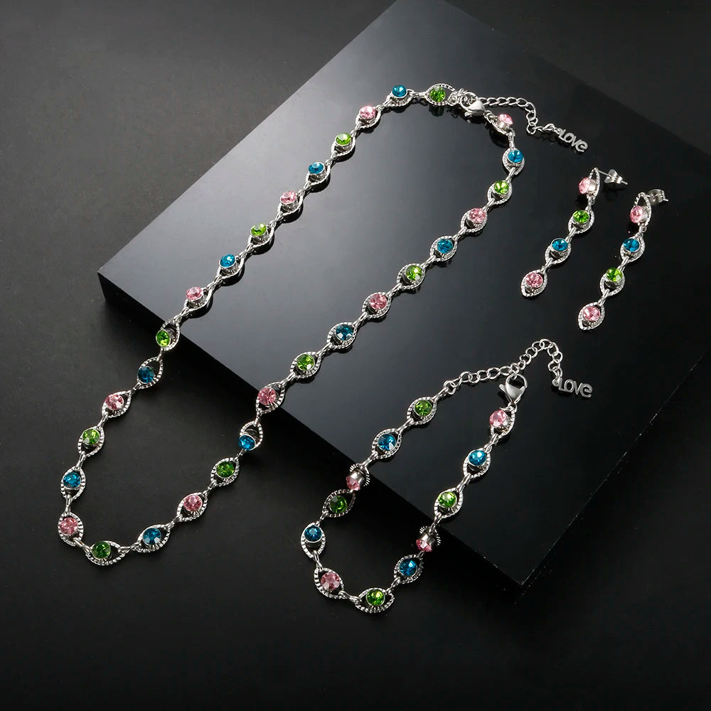 Bejeweled Bracelet Necklace 12 Birthstones Colorful Crystal Jewelry Set Stainless Steel for Women Luxury Fashion T S Bracelets
