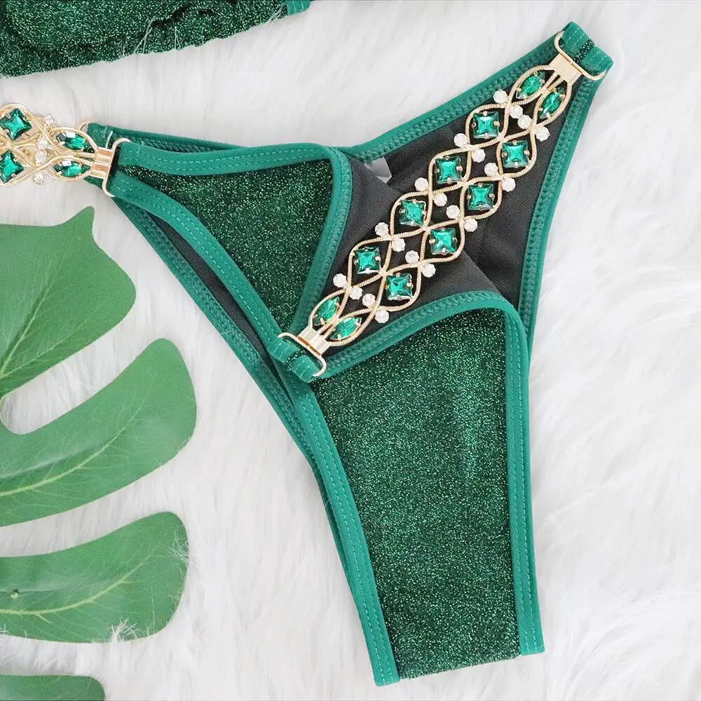 Sexy Bikinis Swimsuits Woman 2025 Luxury Rhinestones Push Up Diamond Thong Swimwear Shiny Gold Beach Bathing Suit Bikini Set