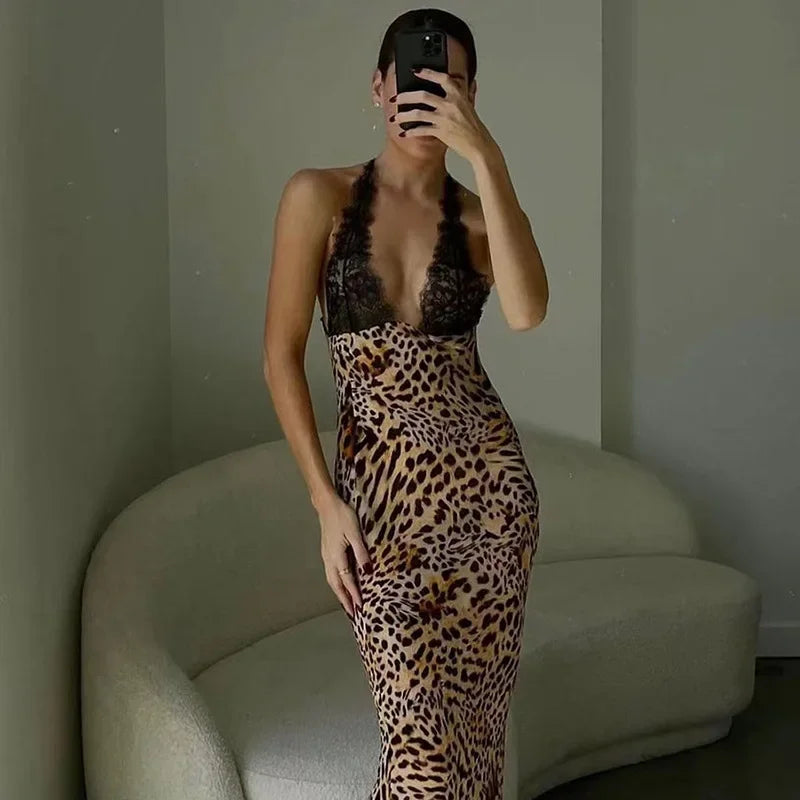 Sexy Leopard Print Lace Patchwork Maxi Dress Women Fashion V Neck Backless Long Dresses Spring Summer Female Holiday Vestidos