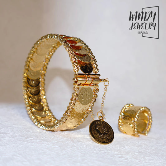 Windy Jewelry Coin Jewelry Sets 24k Gold Plated Dubai Arab Women Luxury Cuff Bangles Bridal Wedding Bracelet Rings
