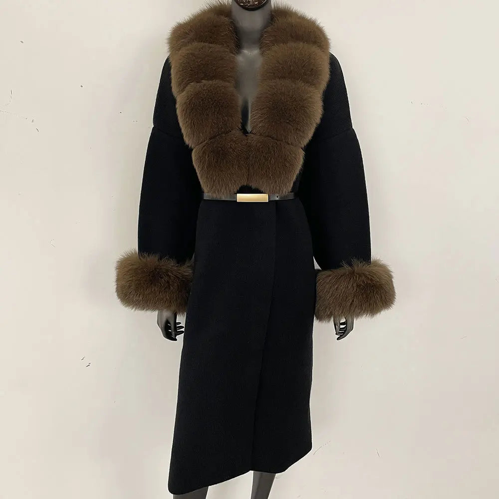 Long Knitwear Coat Women Warm Belt Real Fox Fur Jacket Female 2024 New Autumn Winter Kintted Natural Fur Coat Women