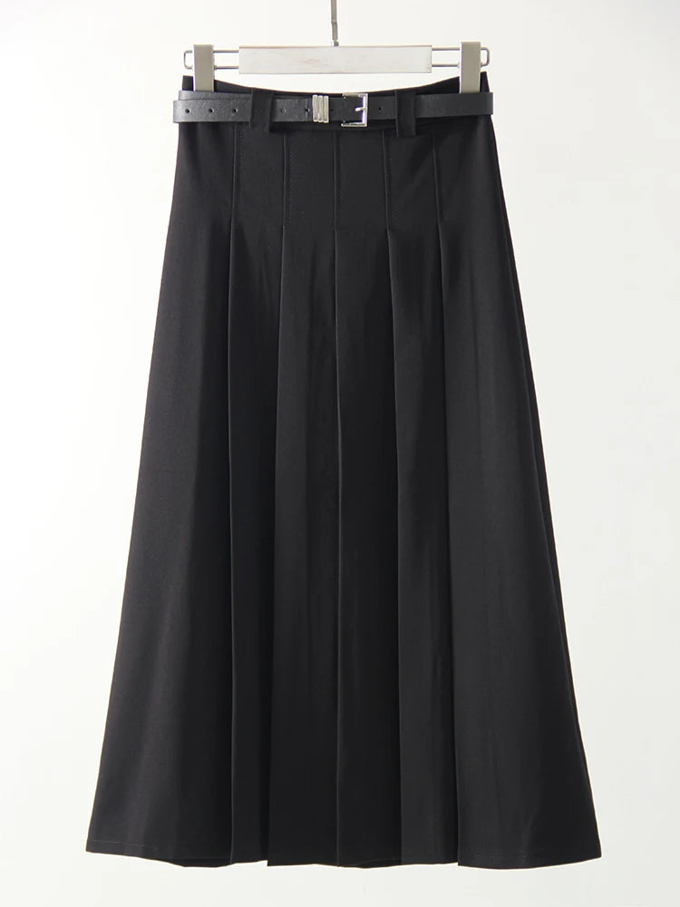 Gray Midi Pleated Skirts For Women Autumn 2024 High Waist A Line Maxi Zipper Skirts For Office Lady Long Skirt Woman Black