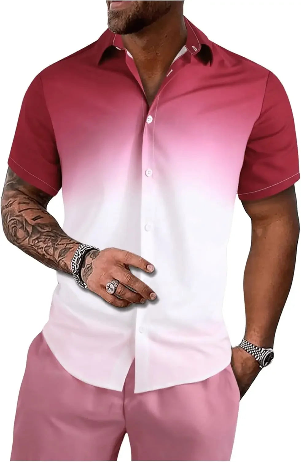 Men Shirt Ombre Gradient Short Sleeve Button Down Shirt Casual Lightweight Summer Style