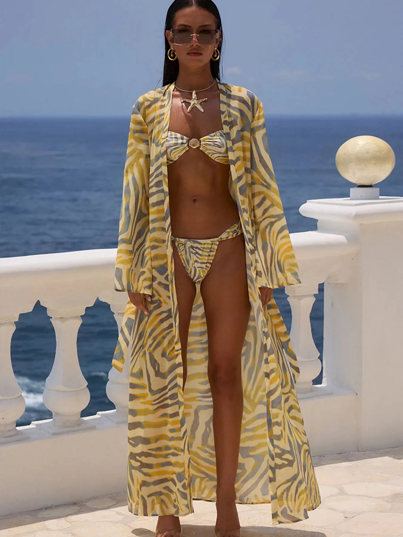 2025 Sexy Stylish Printed Printed Bikini Set with Long Cover-Up Perfect for Sunset Beach Parties and Beach Trips Summer Getaways