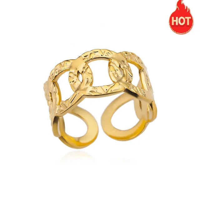 Stainless Steel Twist Chain Adjustable Rings for Women Men Simple Geometric Leave Flower Open Ring Jewelry Female Holiday Gifts