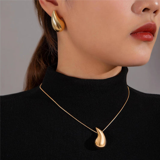 New Gold Color Stainless Steel Necklace For Women Jewelry Metal Vintage Waterdrop Pendant Earrings Necklace Set Birthday Gift