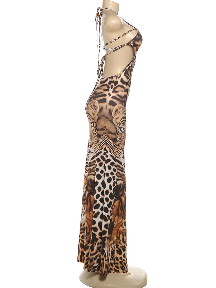 Sisterlinda Sexy Backless Dress Women Hollow Tiger Print Sleeveless Stretch Turtleneck Midnight Prom Party Clubwear Long Bodycon