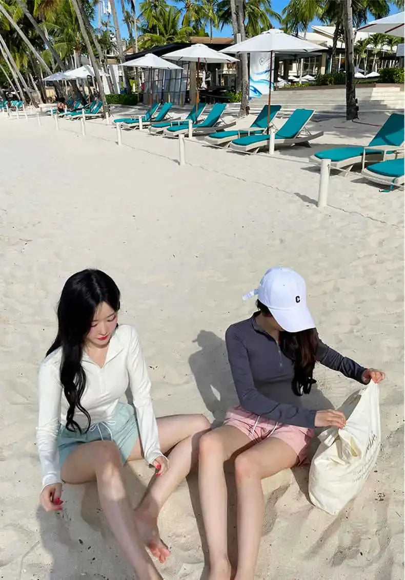 Fashionable Korean Dongdaemun Long Sleeve Women's Swimsuit Casual Beach Vacation Two Piece Conservative Student Bikini Set