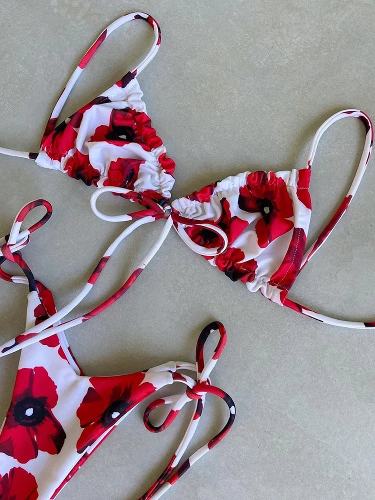 Sexy Printed Ruffled Frilled Thong Bikini Women Swimwear Female Swimsuit Two Pieces Bikini set Micro String Bathing Suit Swim