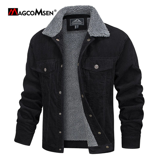 MAGCOMSEN Men's Corduroy Jackets Vintage Sherpa Fleece Windbrekaer Thick Warm Winter Coats Multi-Pockets Casual Denim Jacket