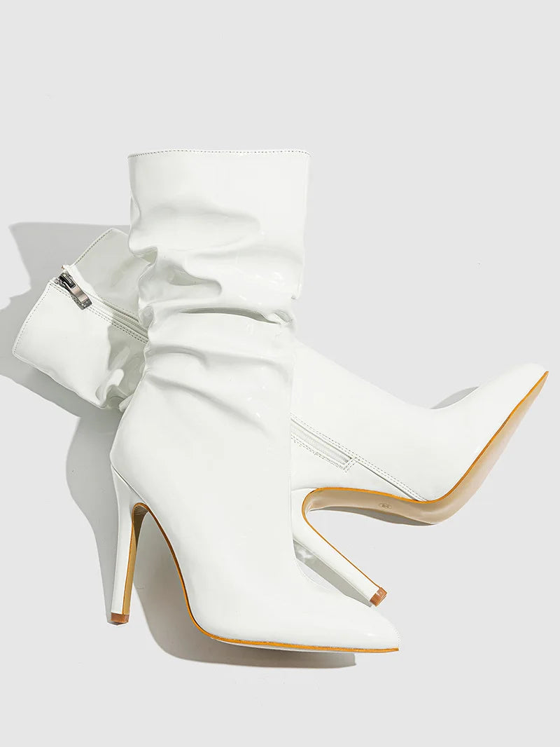 High-quality Pointed Toe Ladies Boots 11CM Stiletto Fashion Women Party Shoes Mid-Calf Boots Side Zipper Pleated High heels 42