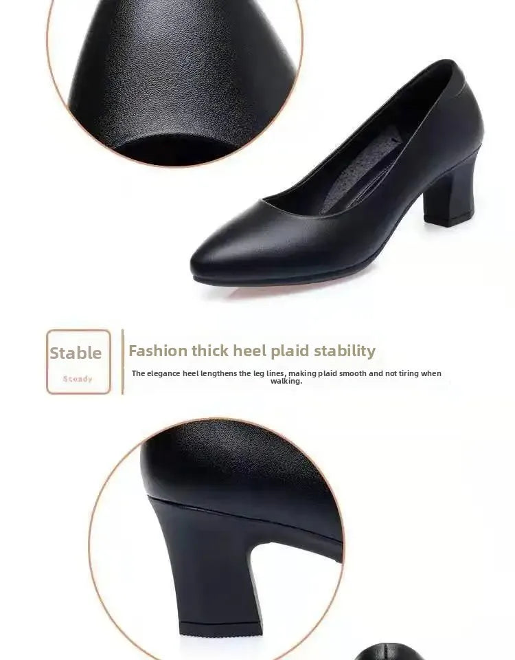Black Interview Shoes for Women Hotel Work High Heel Soft Bottom Leather Single Shoes Summer Season Adult Footwear