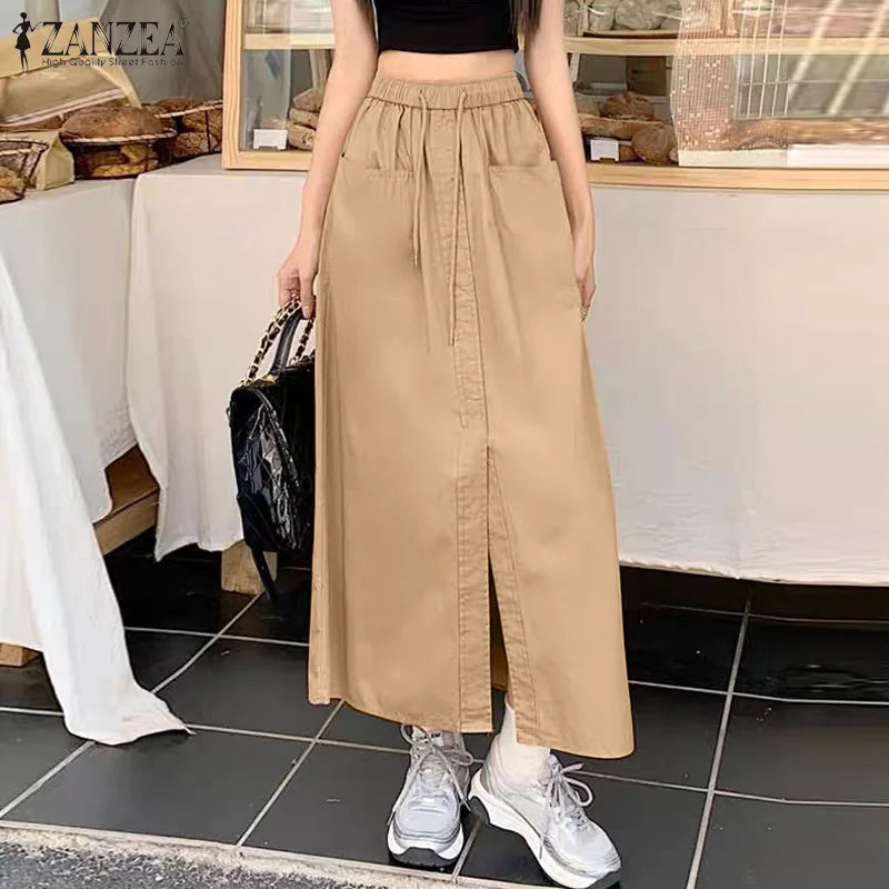 ZANZEA Fashion Women Autumn High Waist Skirts Solid Long Jupes Elegant OL Work Faldas Saia Stylish Holiday Midi Skirt Streetwear