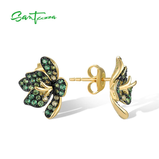 SANTUZZA Authentic 925 Sterling Silver Earrings For Women Sparkling Green Spinel Exaggerate Lili Flower Party Gifts Fine Jewelry