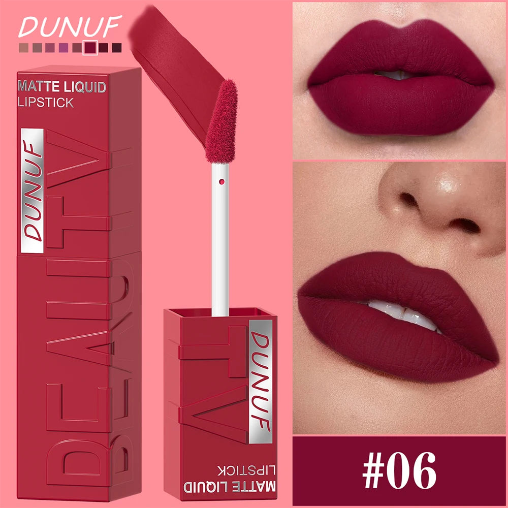 DUNUF  8-color matte velvet smooth easy-to-apply square tube lip gloss waterproof three-dimensional plumping lipstick
