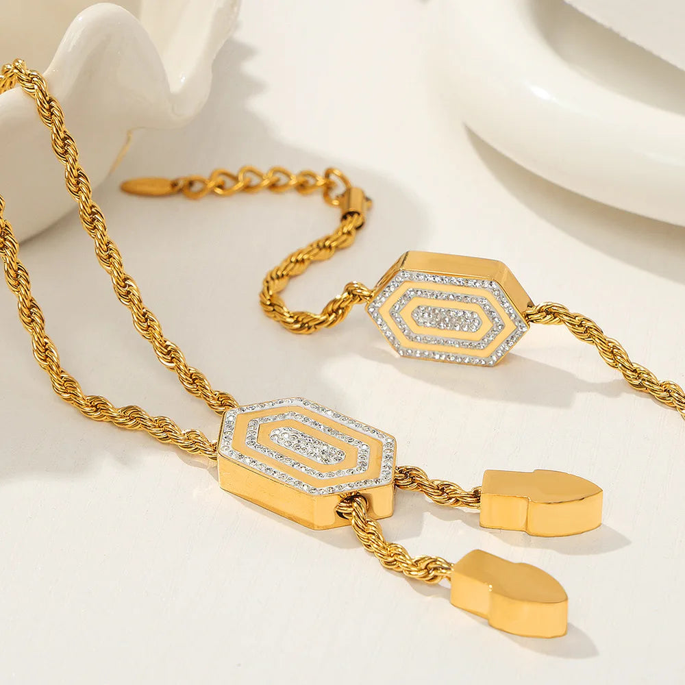 Bracelet Necklace Set For Women Twisted Chain with Hexagon CZ Pendant Bangle Premium Stainless Steel Jewelry Wholesale