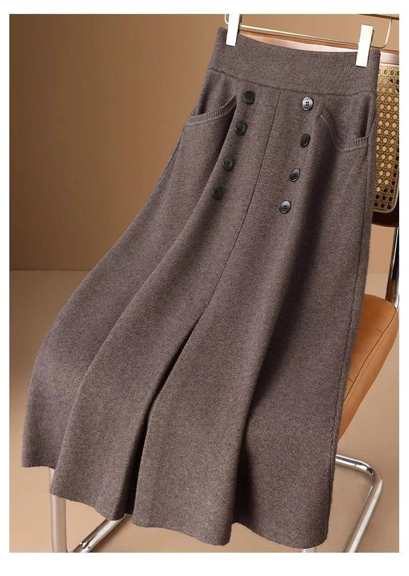 Women Knitted Skirt 2025 Autumn Winter New Loose Oversized Button Elastic Skirts Female Knitt Skirt Warm Women's Clothing