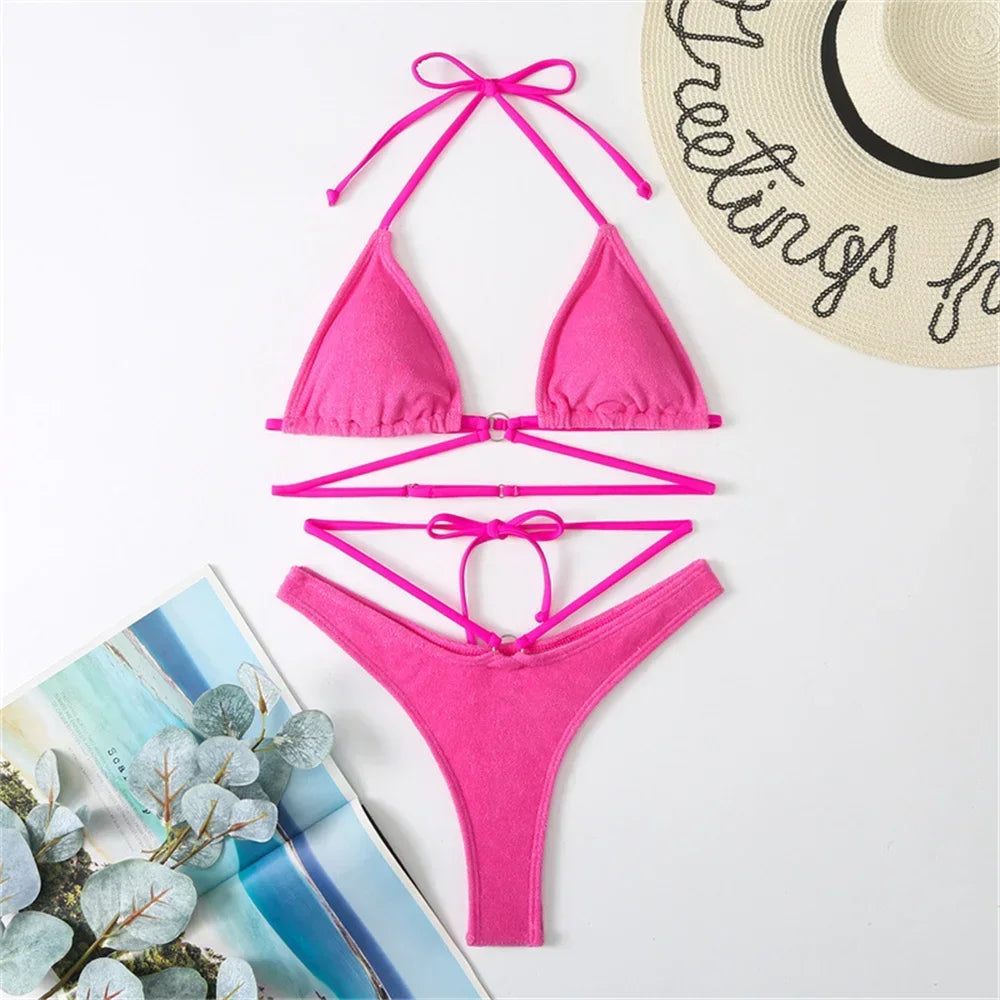 Micro String Extrem Bikini Orange Y2K Triangle Backless Swimsuit Toweling Rings Vacation Swimwear Women Push Up Beach Bath Suits