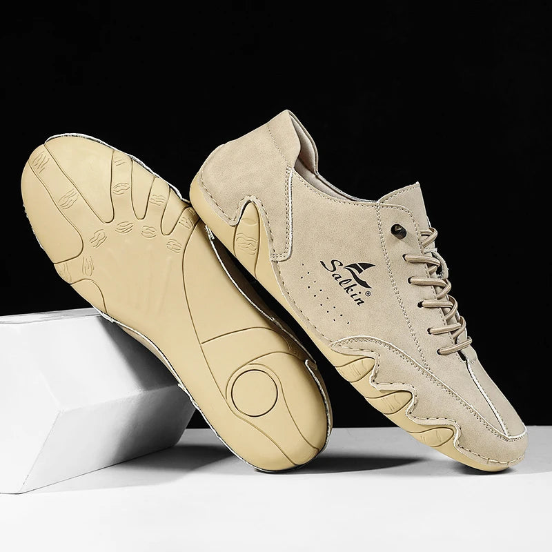 New 2025 Fashion Handmade Leather Casual Men Shoes Design Sneakers Slip On Loafers Breathable Low Top Flats Driving Plus Size