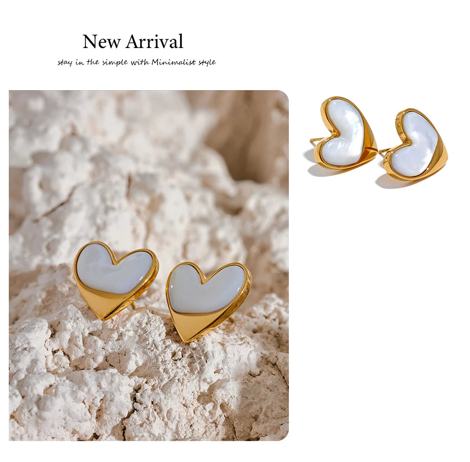 Yhpup Exquisite Stainless Steel Natural Shell Heart Love Chic Stud Earrings for Women Gold Color Fashion Charm Jewelry Bijoux