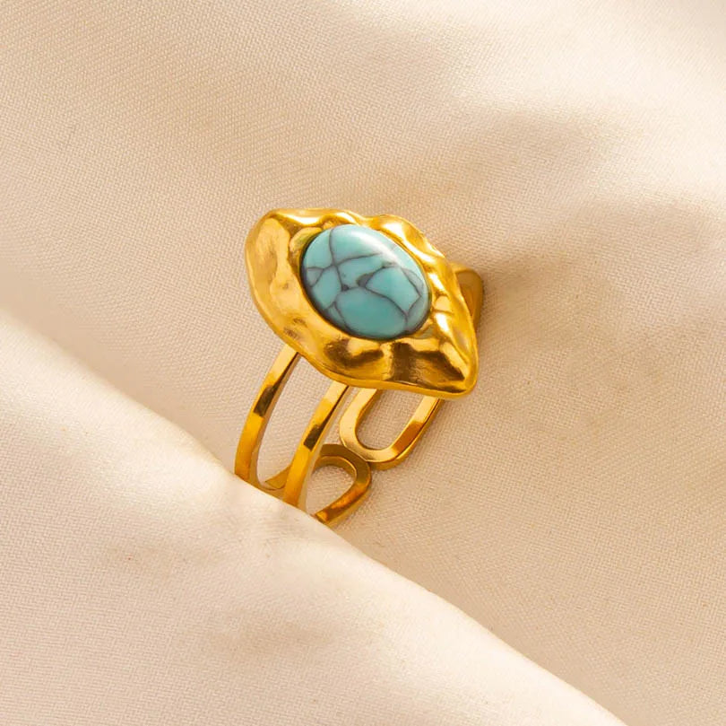 Classic Retro Turquoise Finger Jewelry Stainless Steel Rings For Women Men Accessories Open Adjustable 18k Real Gold Plated Ring