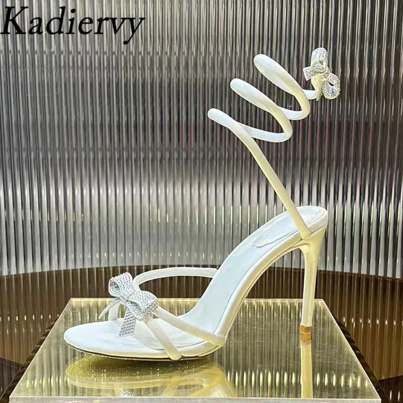 Summer High Heels Sandals Woman Butterfly-knot Rhinestone Snake Twine Around Ankle Strap Wedding Shoes Thin Heels Sandals Women