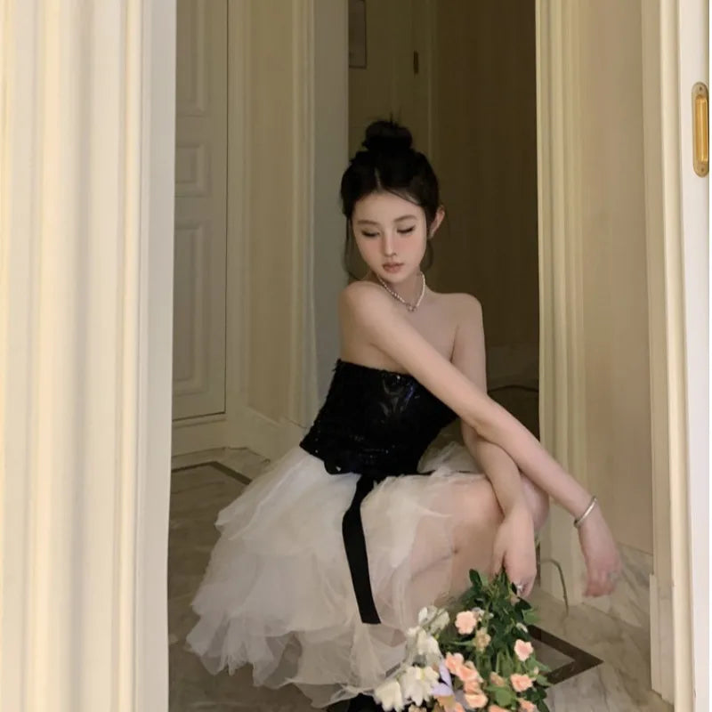 Princ Sle Sequin Patchwork Me ort Dr Women's Summer Ball Gown Dr Cake Skirt  Knot One oulder Dr