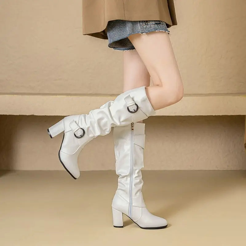 REAVE CAT Classic Women Knee High Boots Round Toe Block Heels 7.5cm 51 52 Pleated Fashion Booties